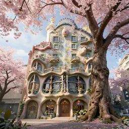 graceful organic apartment building emerging from the trunk of sakura in the style of samorost 3 | by gaudi, very wide angle, 4 k detailed post - processing, cinematic light, intricate detail, octane render