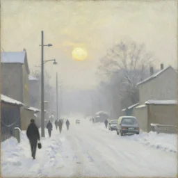 a painting of a street in winter, pale sun, mist, oil on canvas, by carl larsson
