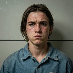 mugshot of an outlaw wearing a prison uniform, 4 6 yo, annoyed look, skin pores, scars, skin condition, straight hair, in the morning, ambient light, sigma 8 5 mm, hdr, nikon 5 0 mm f / 1. 8 g, by lee jeffries