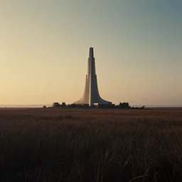 A serene landscape with a singular building in the style of the Blade Runner 2049 movie still frame
