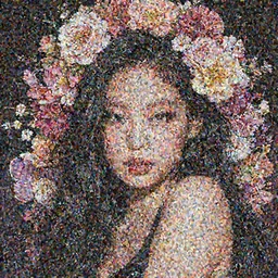 a portrait of a  very seductive Jennie Kim Blackpink, hair full of flowers, photoillustration, realistic, closeup, facing the camera, dramatic lighting, in the style of Takashi Murakami and Kim Deuk-sin and Okuda Genso