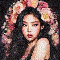 a portrait of a  very seductive Jennie Kim Blackpink, hair full of flowers, photoillustration, realistic, closeup, facing the camera, dramatic lighting, in the style of Takashi Murakami and Kim Deuk-sin and Okuda Genso