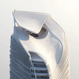unfinished sculptural pleated curved roof planes lift and descend creating shade and architectural expression, dramatic form, 3 d top view axonometric, skyscraper, morning light, lightweight structures, isometric view
