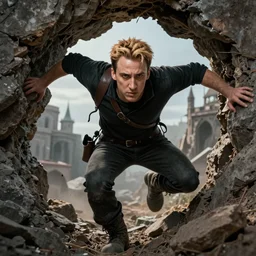 An epic fantasy comic book style portrait painting of a young blonde Nicolas Cage as a thief climbing out of a hole, unreal 5, DAZ, hyperrealistic, octane render, cosplay, RPG portrait, dynamic lighting