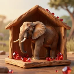 one elephant in a wooden house, red crystal, art station, volumetric lighting, beautiful, golden hour, sharp focus, ultra detailed, concept art