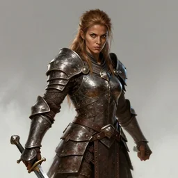 Female barbarian, heavy brown metallic armor, swords, gorgeous and beautiful, light brown messy hair, dark skin, brown eyes, detailed face, battle stance, high fantasy, extremely detailed, alone, DND, D&D, matte painting, by wlop and peter mohrbacher