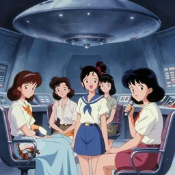 a film still of a 1 9 7 0's anime girls in the control room inside ufo, chillhop aesthetics, full body mid shot, perfect art, trending on pixiv fanbox, painted by gaston bussiere, makoto shinkai, akihiko yoshida, craig mullins, studio ghibli