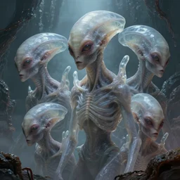 hellish translucent alien creatures with realistic human faces and skin on an alien world, artstyle greg rutkowski, very intricate details, high resolution, 4 k