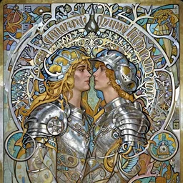head-on symmetrical centered painted portrait, Mais Hamdan and Olivia Wilde as a paladin, blonde hair, ornate iron armour, art nouveau, tarot card style, fantasy, intricate, elegant, highly detailed, smooth, sharp focus, illustration, artstation, in the style of Artgerm and Anna Podedworna and Alex Ross and Mucha