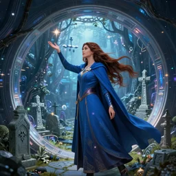 a confident mage woman with long blue cape and brown flowing hair!! disovering a graveyard of dreams, inside a futuristic portal!!
