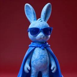 rabbit groot as marble statue with sunglasses, blue sunglasses, in red background, soft blue texture, blue realistic 3 d render, high blue lights, 4 k, high detailed photography, 5 0 mm lens, rich blue colors, smooth gradients, depth of field, cinematic, hyper realism, high detail, octane render, unreal engine, 8 k, long blue cape