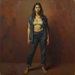 detailed full body portrait in strong femininity, ethnic, realistic face sculpted features, statuesque model, seattle grunge style clothes, pacific northwest warm glow, bathed in light, filmic, chiaroscuro, specular highlights, angular impressionism, radiosity, deep rich tones, contemporary art, oil on canvas