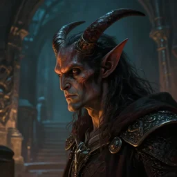dungeons and dragons evil devil character closeup side profile portrait, dramatic light, dungeon background, 2 0 0 mm focal length, painted by stanley lau, painted by greg rutkowski, painted by stanley artgerm, digital art, trending on artstation