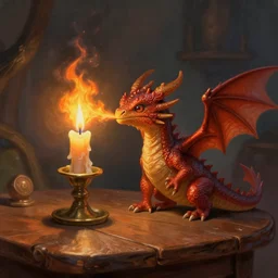 tiny dragon that lights a candle with its fire breath, the candle is on a wooden table, on a candle holder, the dragon is placed on the table too, fantasy painting, artstation, Fantasy core, award winning, stunning art