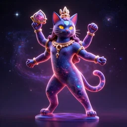 8 k uhd poser, redshift render of a dancing cosmic cat posing as shiva the destroyer, background stars an nebulae, volumetric lighting