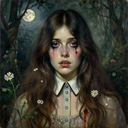 a baroque painting of a beautiful but sinister ethnically ambiguous young woman in layers of fear, with haunted eyes and wild hair, wearing a vivienne westwood collar, 1 9 7 0 s, seventies, woodland, a little blood, wildflowers, moonlight showing injuries, delicate embellishments, painterly, offset printing technique, by brom, robert henri, walter popp