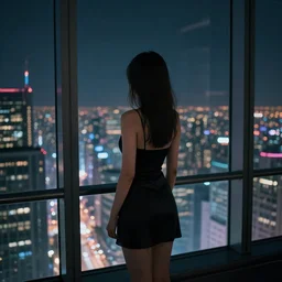 back of young woman wearing a stylish black minidress looking through a penthouse window at a panoramic view of a cyberpunk city at night, dark sky, bokeh lights, anime, ilya kuvshinov, guweiz, artstation trending, concept art, digital painting, cinematic, extreme detail, expansive