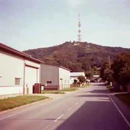 a road next to warehouses, and a hill behind it with a radio tower on top, disposable camera filter, red tint
