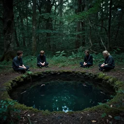 a clearing with a deep pool of water, a sanctuary in the dark, dense forest. andreas achenbach, artgerm, mikko lagerstedt, zack snyder, tokujin yoshioka