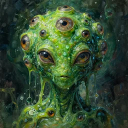 portrait of green noise an amorphous blob, slimy alien creature witg hundreds of eyes, eyes!!!!! painted by greg rutkowski, wlop,,