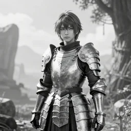 a vertical portrait of a character in a scenic environment by nihei tsutomu, black and white, dreamy, armor, highly detailed, 3 d render, vray, octane, realistic lighting
