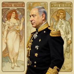 side portrait of benjamin netanyahu wearing ornate marine uniform, rococo, baroque, by ashley wood and alphonse mucha and tim hildebrandt