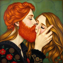 red bearded, blue eyed, man, kissing, beautiful, brown haired, green eyed, woman. gustav klimt painting,