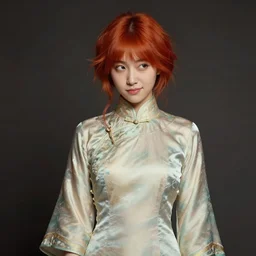 a portrait of a 20 year old Asian woman with ginger hair and a witty expression wearing a traditional silk dress with very long sleeves fantasy art By John William Waterhouse