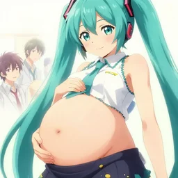 hatsune miku pregnant in the third month, big pregnant belly, clothes, belly bulge, closeup at the belly, trending on pixiv fanbox, art by makoto shinkai, ilya kuvshinov, akihiko yoshida