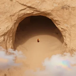 post - minimalism portrait of a lorestone cave, bird's eye view, scorchbringer guard following iridescent clouds, vibrant tan color scheme, highly detailed, in the style of romanticism, cinematic, artstation, moebius, greg rutkowski