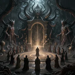 cultist circle open portal to world of ancient gods, dnd fantsay art, arkham horror, evil fluid, tentacles, creepy, by greg rutkowski