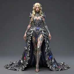 blonde girl in a cosmic dress, full-body tattoos, ornate, rococo, grotesque, zbrush art, majestic, organics, silver filigree
