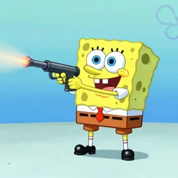full body shot of spongebob shooting a machine gun