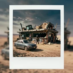 polaroid photograph, travel photography, driving past a zombie standing in front of an abandoned cyberpunk bar made of scrap metal and scrap wood in the desert of a gloomy alien world, motion blur