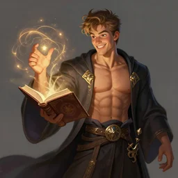 character concept portrait of happy Corbin Bleu as a wizard enchanting a spell, a floating spell book in the center, muscular, abs, robes, elegant, digital painting, concept art, smooth, sharp focus, illustration, from Metal Gear, by Ruan Jia and Mandy Jurgens and William-Adolphe Bouguereau, Artgerm