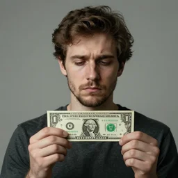 portrait of sad man holding out his last dollar bill. Trending on artstation
