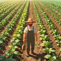 gigachad farmer in immaculate rows of crops, detailed digital 2d fantasy art