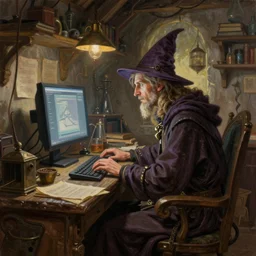 fantasy oil painting, wizard sitting at a computer, as a dnd character, typing on a keyboard, inside a cluttered lab, cottagecore, extremely detailed, bookcover illustration, concept art, readability, smooth, sharp focus, art by brothers hildebrandt, art by alex grey