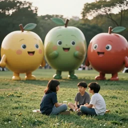 1990s candid photo of a beautiful day at the park, cinematic lighting, cinematic look, golden hour, large personified fruit people in the background, Enormous fruit people with friendly faces, kids talking to fruit people, UHD
