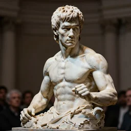 plaster cast sculpture of Bruce Lee in Enter The Dragon, looking out to audience with a challenging stare, by Michelangelo, Rodin