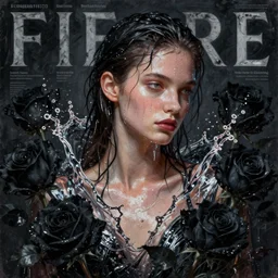 fierce wet fashion model, splash, sweat skin, liquid metal, black roses, poster art, high detail, intricate oil painting, deep mood, hyperrealism, 3 d, by tooth wu and wlop and beeple and greg rutkowski