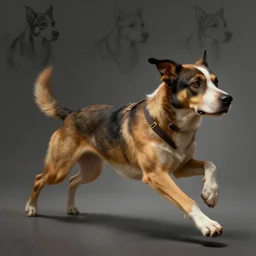 dog with suspenders jumping and running, character sheet, character design, contrast, deep focus, turnaround, highly detailed, dramatic lighting, digital painting, artstation, concept art, matte, sharp focus, illustration, elegant, art by artgerm and greg f and alphonse mucha.