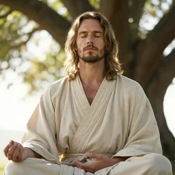 close up portrait of Russell Brand wearing robes meditating under a tree, sun rays, beautiful, trending on Artstation, realistic, 4k