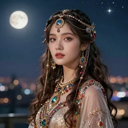 masterpiece portrait charming and miracle female luxury astromancer boho accessories in dreamlike movie, kpop, high detailed face, art by artgerm, greg rutkowski, sasoura, satchely, big major starry sky and city in background, uhd, medium long shot, fantasy, twlight, no distorsion, sharp focus, sun, moon