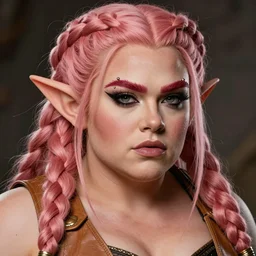 fantasy character portrait photo. female dwarf. short, broad, extremely swole. broad face resembles cara delevingne but very squat. wide face, androgynous but pretty. elaborately braided orangepink hair. long sidebuns, downy cheeks. thick bushy groomed red eyebrows with multiple piercings. tan leather vest, bare bodybuilder shoulders. kohl, lipgloss