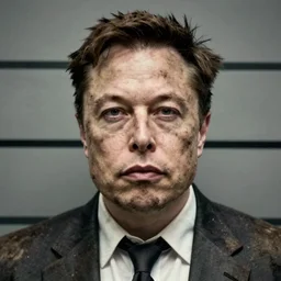closeup prison mugshot of elon musk, dramatic lighting, dirty business suit, low saturation, somber expression, filthy hair, rugged textured face, soft vignette, soft focus, 5 0 mm, 4 k, photograph by annie leibovitz