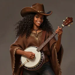 a highly detailed illustration of long curly haired african girl wearing cowboy hat and brown poncho, dramatic playing banjo smiling pose, intricate, elegant, highly detailed, centered, digital painting, artstation, concept art, smooth, sharp focus, league of legends concept art, WLOP