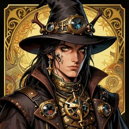 a detailed portrait illustration of a steampunk wizard - rogue. beautiful feminine male face. art nouveau, pop art, comic book style. influenced by neil gaiman, h. p. lovecraft, dan mumford, farel dalrymple, vadim voitekhovitch, killian eng, ross tran.