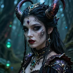 a close - up of a beautiful succubus necromancer ( ( ana de armas ) ) in a bioluminescent ancient dark forest, greg rutkowski, 8 k, shallow depth of field, intricate detail, concept art,