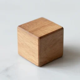 a wooden cube on a marble surface, close up, dslr photo